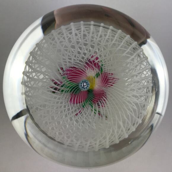 Perthshire 1984D Floral Spray Pink Lampwork Flower Spiral Latticinio Paperweight - Picture 3 of 12